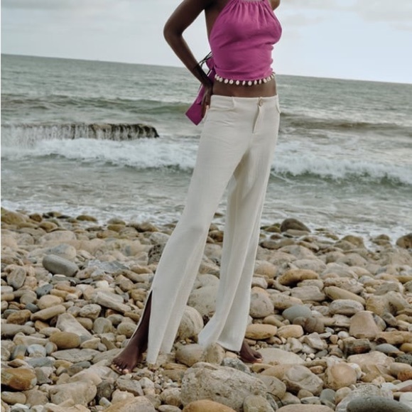 Zara Pants - Zara nwt bohemian hippie beige cream cotton wide leg flared soft pants